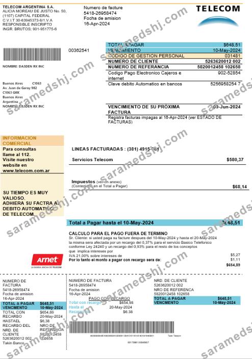 Argentina Telecom business utility bill template in Word and PDF format fully editable, good for address prove